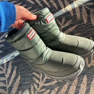 Green Hunter snow boots! I bought them from the Hunter store and wore them once.